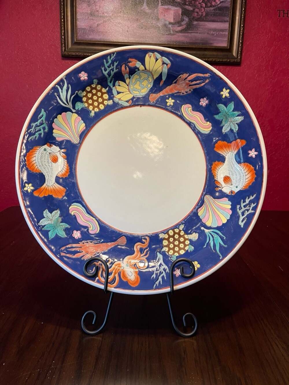 Chinese Porcelain Marine Life Charger Plate Octopus Crab Sea Turtle 14.5"
